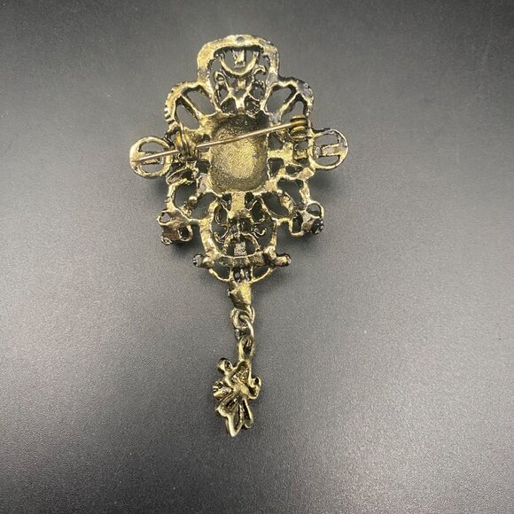 Vintage Antique Gold Tone Brooch Hot Pink Glass Stone Floral Filigree Drop - Picture 5 of 6